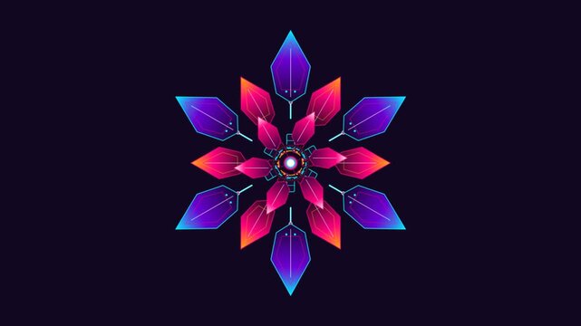 Futuristic geometric flower blooming animation with glowing neon gradient petals and HUD central core, mechanical snowflake crystal motion graphic on dark background