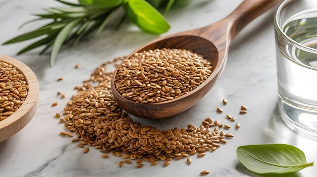 Golden flax seeds sitting inside wooden spoon with healthy water glass on polished white marble surface