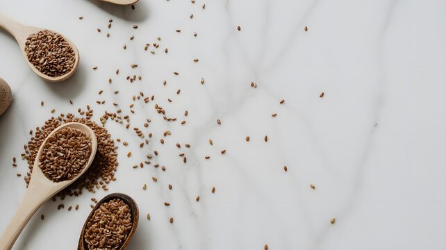 Organic brown flax seeds arranged neatly in rustic wooden spoons on a smooth white marble surface