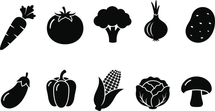 Set of black and white vegetable icons featuring carrot tomato broccoli onion potato eggplant pepper corn cabbage mushroom