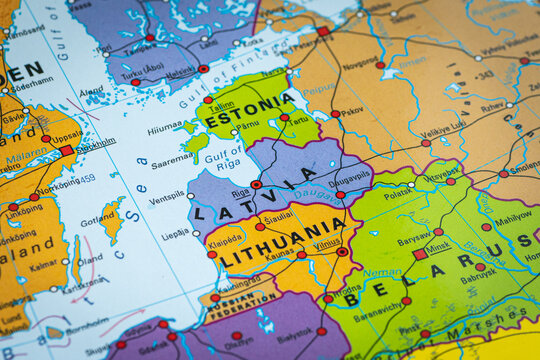 Political map of the Baltic States, Estonia, Latvia and Lithuania, located in northeastern Europe along the Baltic Sea, European Union