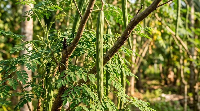A long green moringa pod hanging from a tree branch with lush green leaves in a forest setting