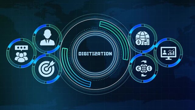 Business digitization concept with tech icons and global network interface background