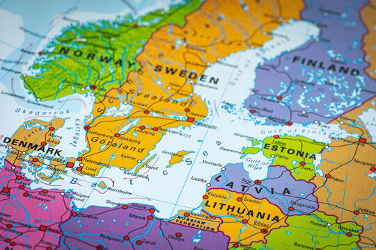 Political map of the Baltic Sea with the countries bordering it, such as Denmark, Sweden, Finland, Russia, Estonia, Latvia and Lithuania, Poland and Germany