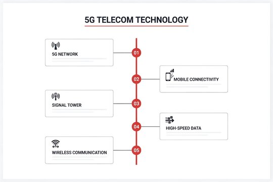 5G Telecom Technology Infographic Timeline Showing Modern Network Connectivity Solutions