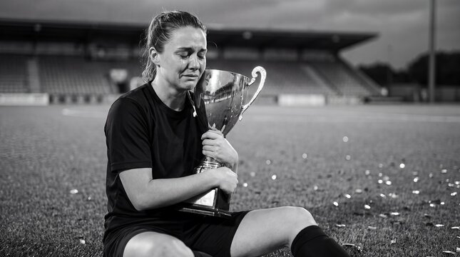 Women soccer champion trophy football player stadium victory emotional portrait sits on the field holding the award in a reflective monochrome moment for concepts of strength and resilience