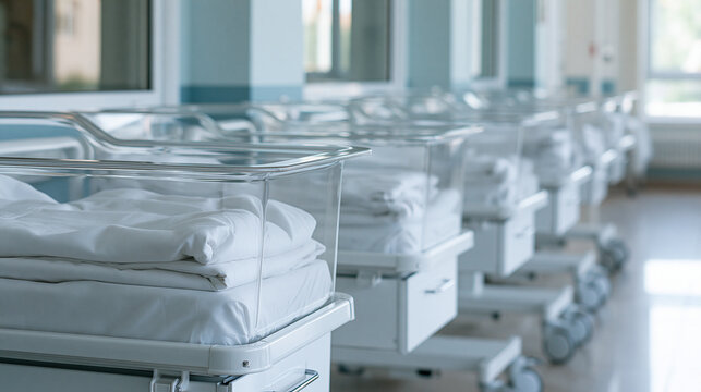 Row of empty plastic bassinet cribs with white bedding in a bright hospital maternity ward. Ideal for birth and neonatal care concepts.