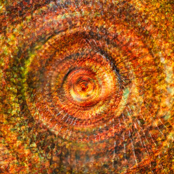 Abstract vibrant colorful autumn foliage with a vivid circular motion blur creates an immersive seasonal destination concept in the quiet, wild alpine forest, Julian Alps, Tarvisio, Friuli, Italy.