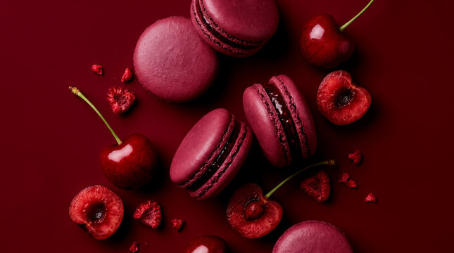 Fresh dark red cherries and gourmet macarons arranged together against a rich maroon background