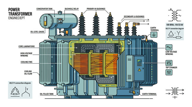 Cutaway Power Transformer with Electrical Schematics