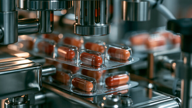 Orange and white capsules moving along an industrial pharmaceutical manufacturing machine line. Perfect for healthcare and medicine production concepts.
