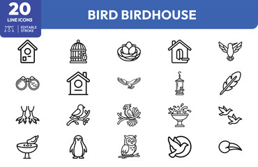Naklejka premium Bhouse wildlife bhouses, nests, feathers, flight symbols, nature elements. Editable stroke. Vector illustration.