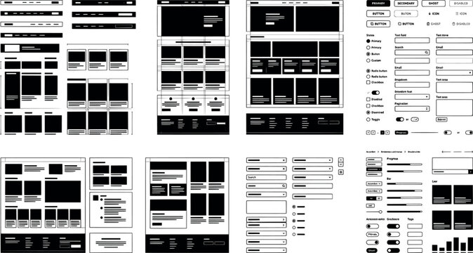 Set of website wireframe ui kits, including navigation bars, content blocks, forms, buttons, and various interface elements for web design projects