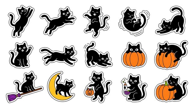 Set of cute hand drawn black cat illustrations for halloween decorations and festive holiday design projects