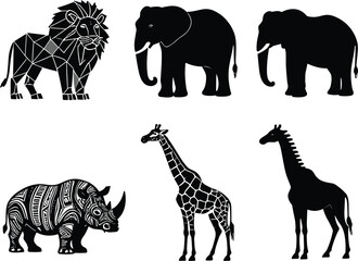 Obraz premium African safari wild animals silhouette collection featuring geometric lion patterned rhinoceros elephant and giraffe vector graphic icons set for zoo nature design