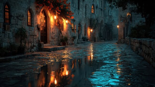 Wet cobblestone street reflects warm lights in an old stone building at twilight
