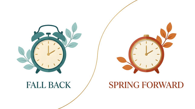 Fall back and spring forward time change illustration with vintage alarm clocks daylight saving isolated