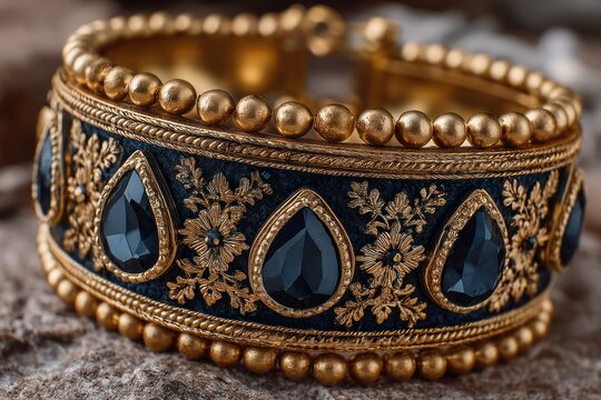 A close-up view of an ornate, gold bracelet with dark blue accents and tear-drop gems