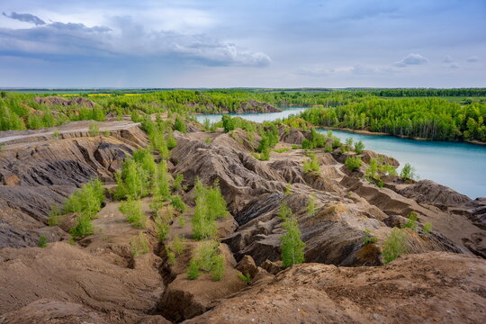 Hilly terrain of the Romantsevskie Mountains near the village of Konduki, Tula region of Russia
