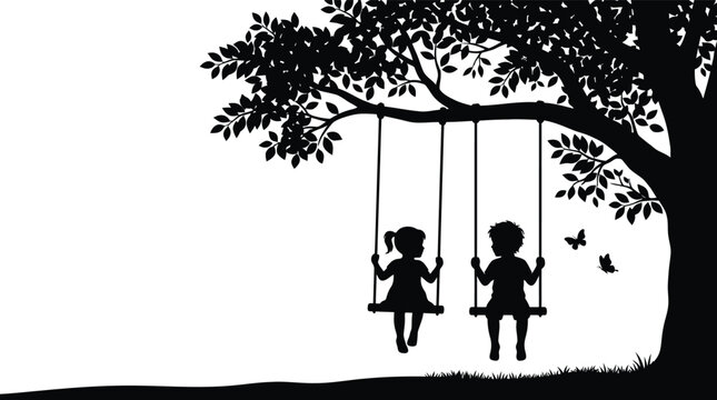 Children swinging on tree branch silhouette vector illustration with boy and girl playing under big tree
