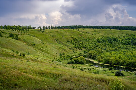 High bank of the Krasivaya Mecha River near the village of Krasnogorskoye, Tula region of Russia