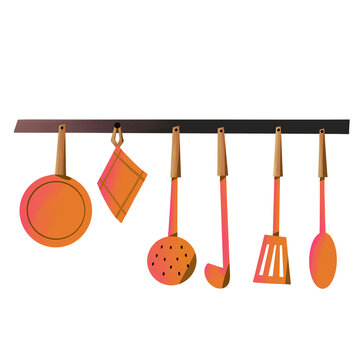 Hanging Kitchen Utensils Set Illustration on Isolated White Background