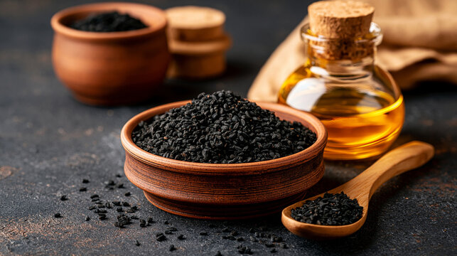 Black cumin seeds in a ceramic bowl with essential oil in a glass bottle on dark background. Ideal for organic health and natural medicine projects.