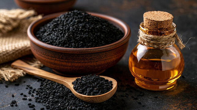 Black cumin seeds in a bowl with a wooden spoon and a glass bottle of essential oil on a dark rustic surface. Ideal for alternative medicine and healthy cooking product ads.