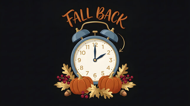 Fall back daylight saving time concept with blue alarm clock and autumn pumpkins against black background
