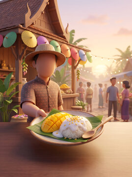 3D illustration of Thai vendor serving mango sticky rice at street food market