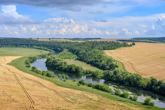 Picturesque bend of the Krasivaya Mecha River among the fields near the village of Shilovo, Tula region of Russia