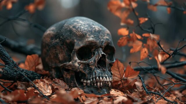 Weathered human skull resting among fallen autumn leaves and twisted branches in a dark woodland, mystery, decay, archaeology, and the passage of time.
