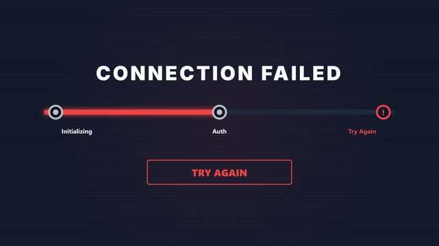 Connection failed animation, loading bar with initializing progress, seamless loop, symbolizing network error and retry, representing technology and communication issues