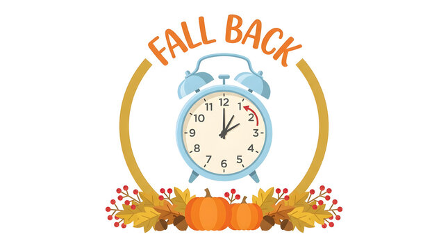 Fall back daylight saving time circular frame design featuring blue alarm clock and autumn arrangement