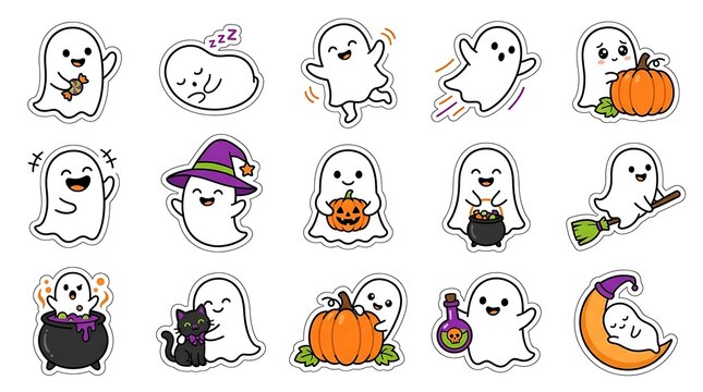Set of cute hand drawn ghosts for halloween celebration featuring various spooky characters and festive autumn elements