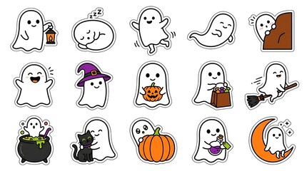 Fototapeta premium Set of cute hand drawn ghost stickers for halloween celebration featuring various funny characters and festive seasonal elements
