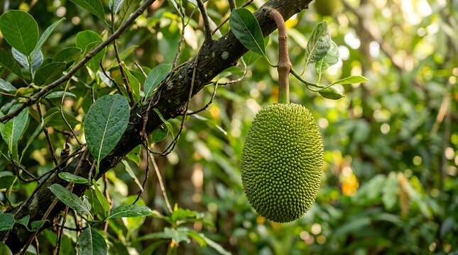 A single green jackfruit hanging from a tree branch in a lush tropical garden with green foliage