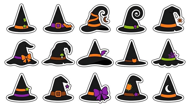 Set of various decorative witch hats for halloween celebrations isolated on a white background for festive design