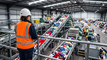Fototapeta premium Female Worker Overseeing Clothes Recycling Plant and Sorting Conveyor Belts in Industrial Warehouse