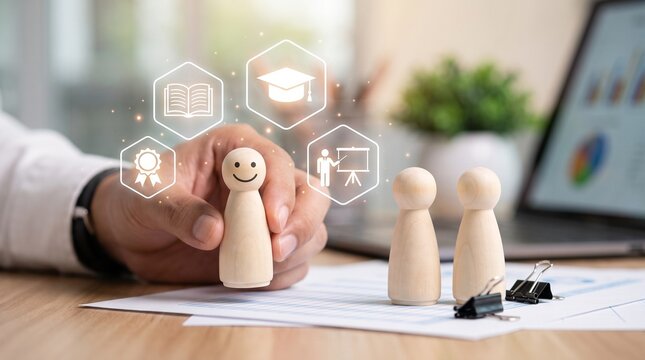 Employee Training and Talent Management businessman placing wooden peg figure with education icons in a professional office workspace