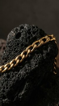 A macro view of a thick golden chain draped over dark rough textured material, symbolizing luxury and timeless value, perfect for jewelry advertising or dramatic storytelling