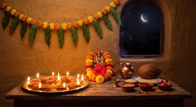 Kali Chaudas Hindu Festival Ritual with Clay Diyas, Marigold Flowers and Traditional Puja Decor