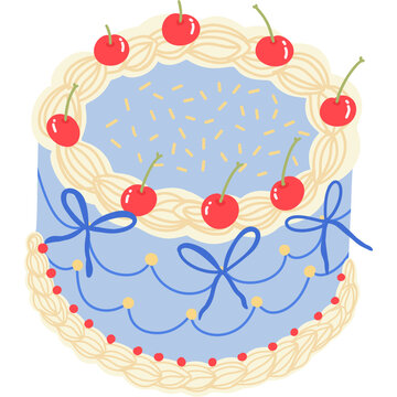 Whimsical Blue Cherry Cake with Coquette Ribbon Illustration