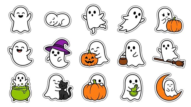 Set of cute hand drawn ghosts for halloween celebration with pumpkins black cats and witch hats