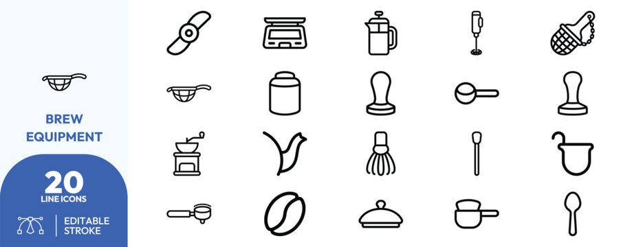 Brew Equipment grer, pour-over, mug, spoon, kitchen tool, coffee, caf&eacute;, bara, preparation, vector. Editable stroke. Vector illustration.