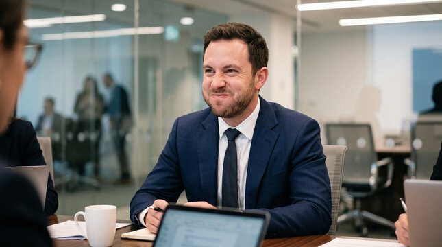 Businessman trying to suppress laughter during serious meeting in modern office