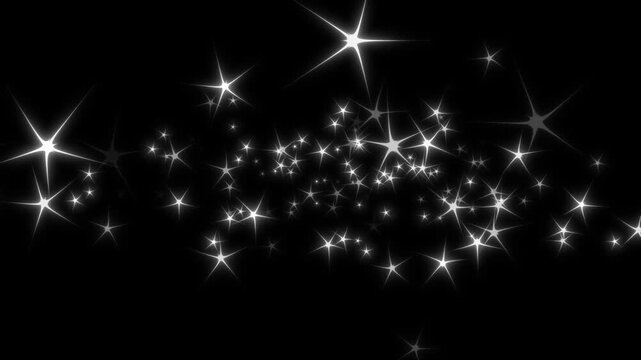 Abstract white twinkling star line blast with sparkling flare rays, magical glitter dust and high brightness flash beam motion graphics animation form overlay effect on black background. 4k video