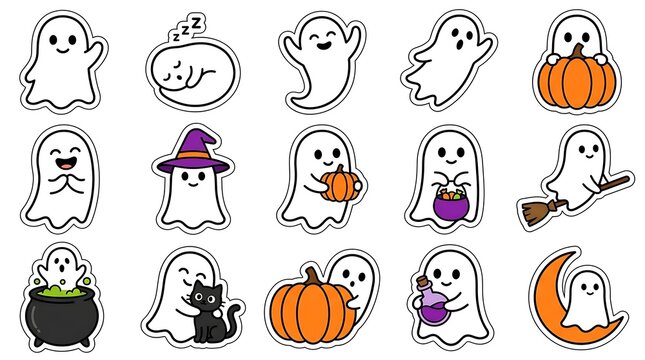 Set of cute hand drawn ghost characters for halloween celebration with pumpkins and festive holiday accessories