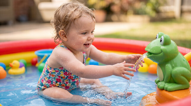 Toddler playing with green frog water toy in colorful inflatable pool on summer day