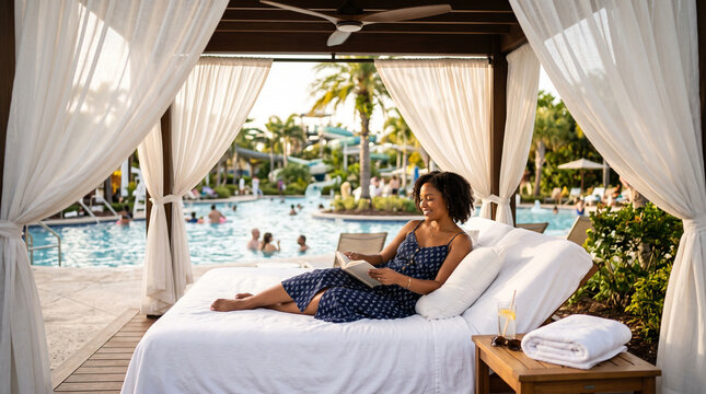Woman reading book on luxury canopy daybed at tropical resort pool with water slides